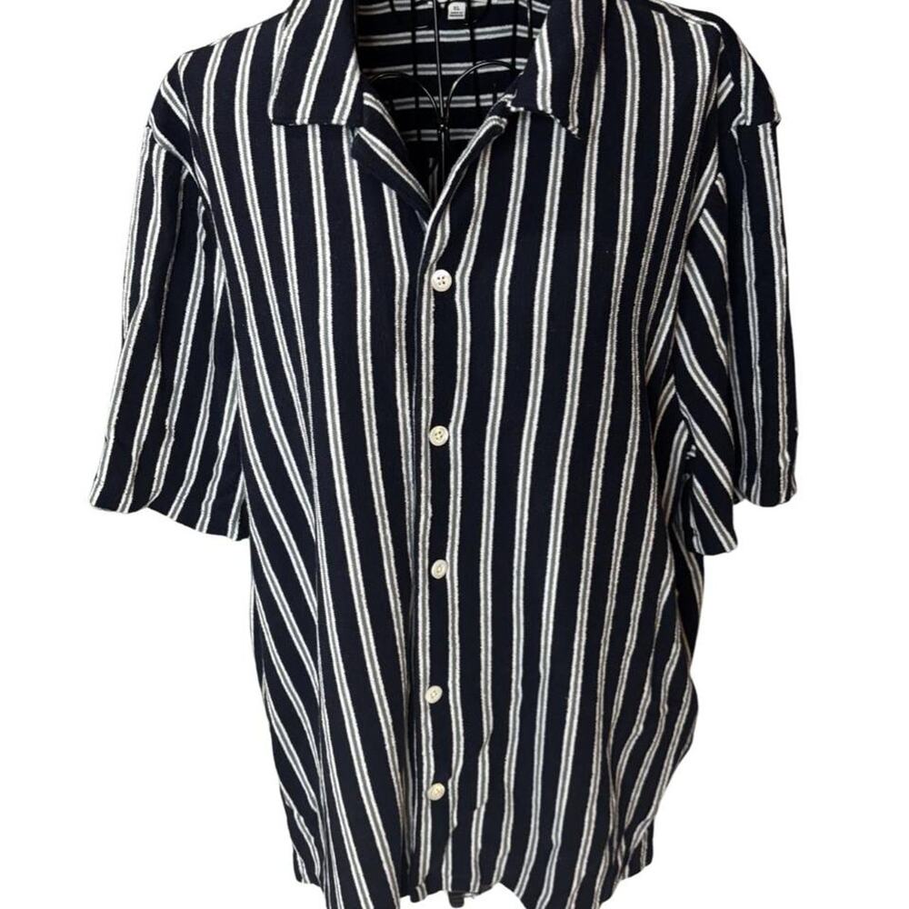 Madewell Men's Textured Knit Camp-Collar Shirt Navy Stripe Short Sleeve XL